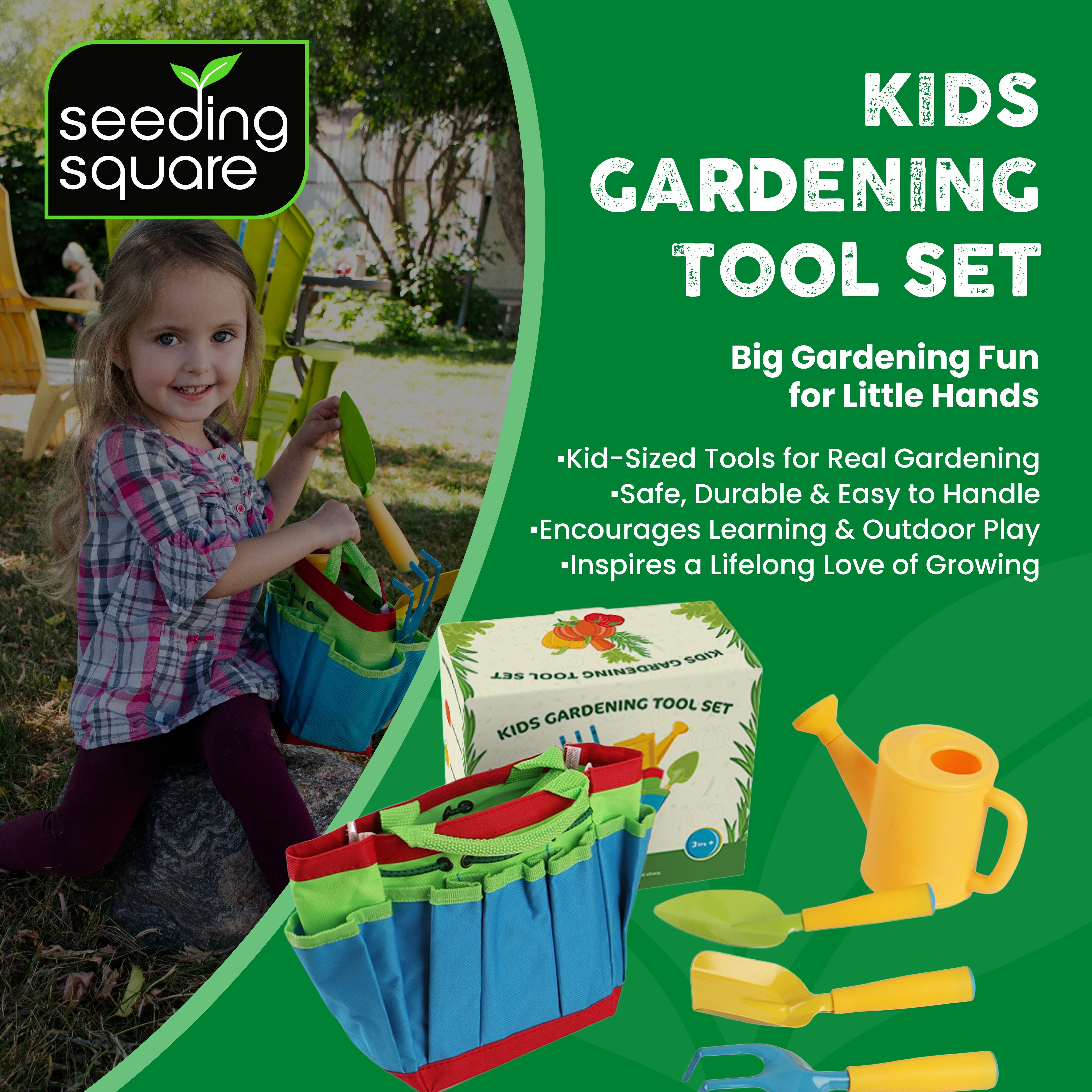 Kids Garden Tool Set – with Trowel, Shovel, Rake, Watering Can