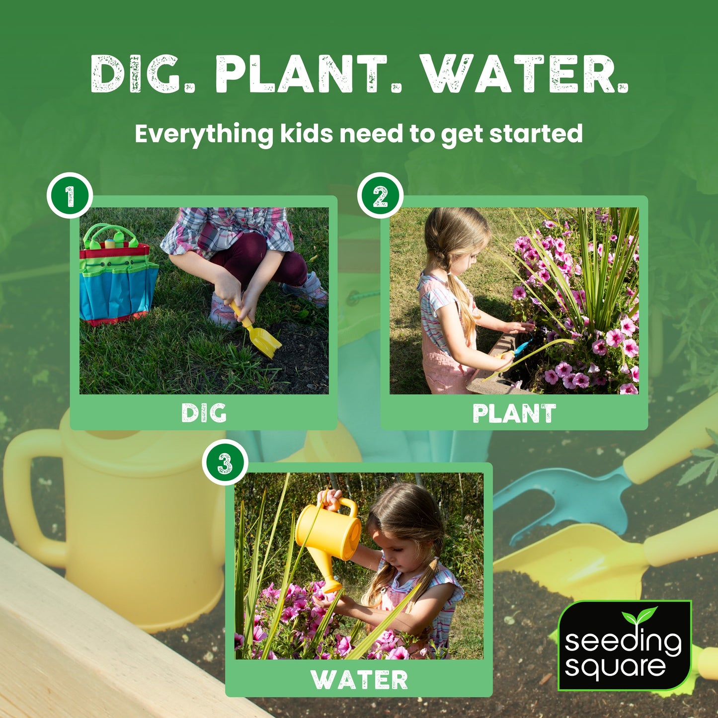 Kids Garden Tool Set – with Trowel, Shovel, Rake, Watering Can & Tote Bag – Ages 3+