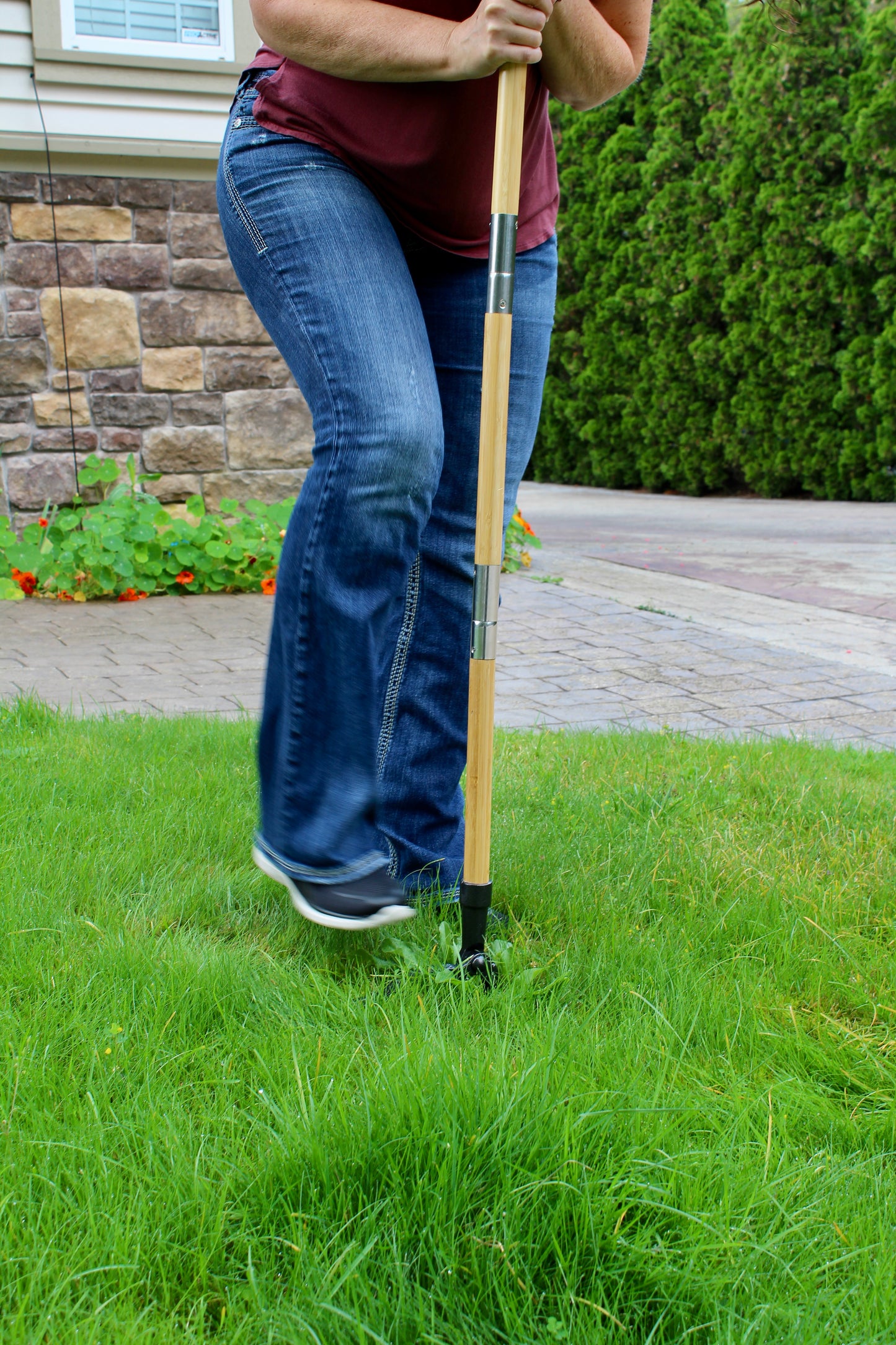The Weed Gobbler - Carbon Steal & Bamboo Stand-Up Weed Puller Tool for Dandelions and Single-Root Weeds