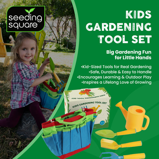 Kids Garden Tool Set – with Trowel, Shovel, Rake, Watering Can & Tote Bag – Ages 3+
