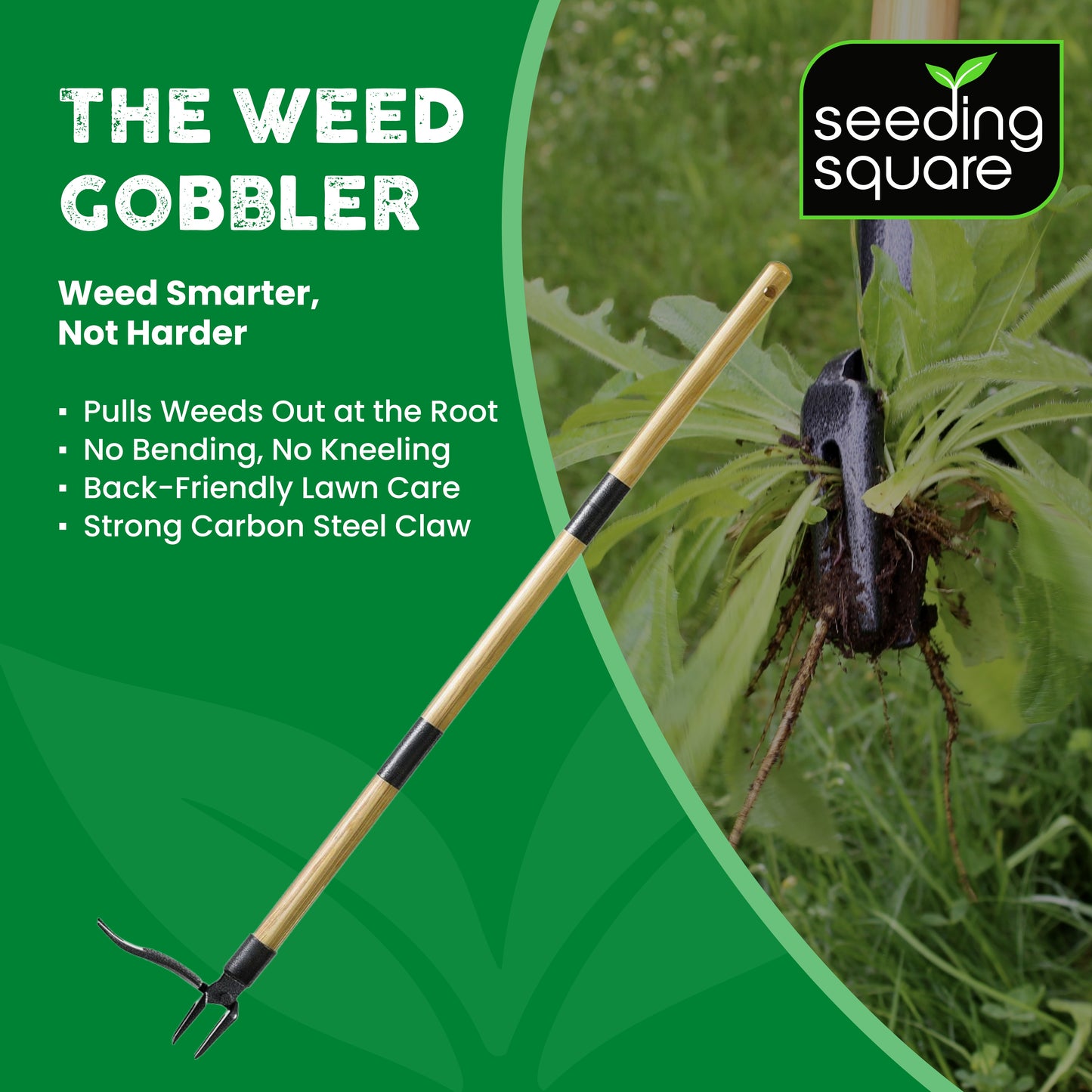 The Weed Gobbler - Carbon Steal & Bamboo Stand-Up Weed Puller Tool for Dandelions and Single-Root Weeds