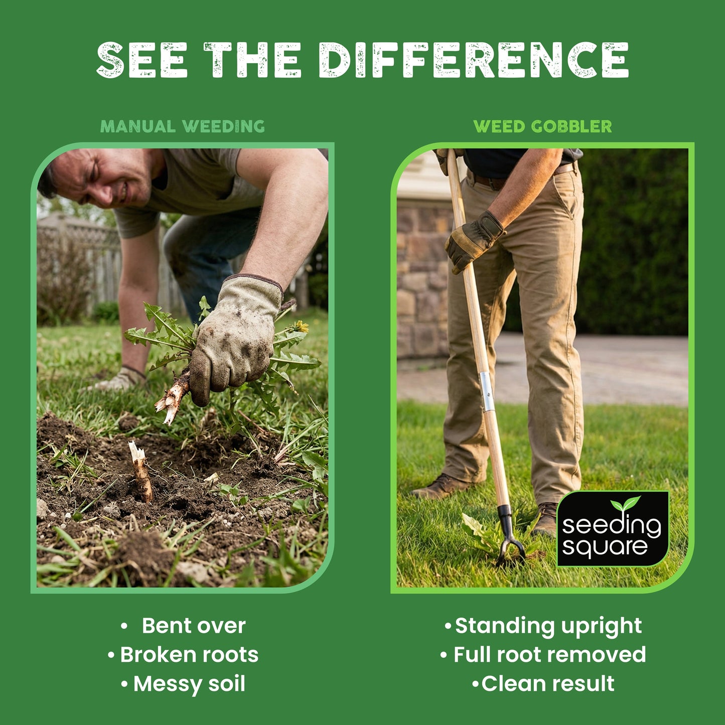 The Weed Gobbler - Carbon Steal & Bamboo Stand-Up Weed Puller Tool for Dandelions and Single-Root Weeds