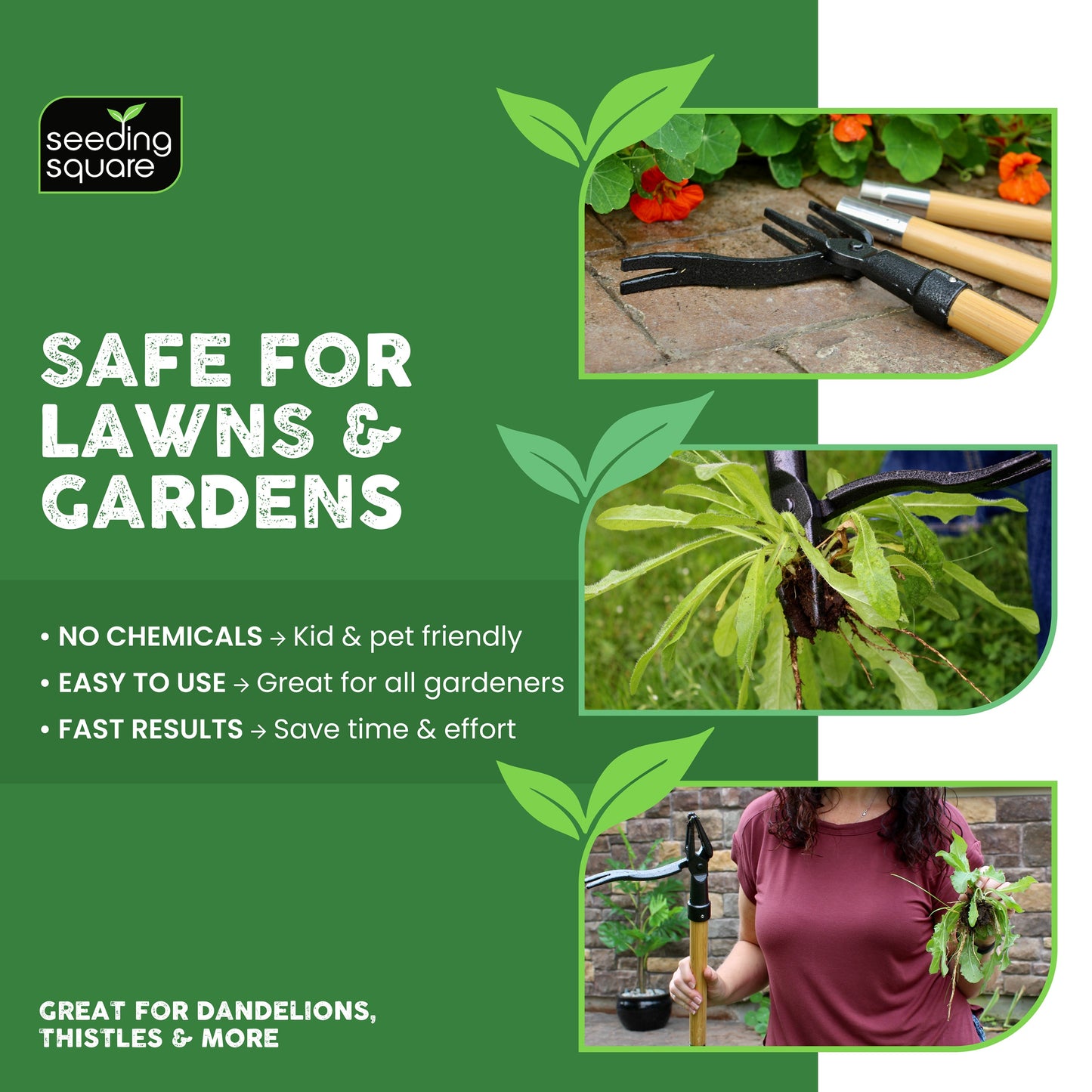 The Weed Gobbler - Carbon Steal & Bamboo Stand-Up Weed Puller Tool for Dandelions and Single-Root Weeds